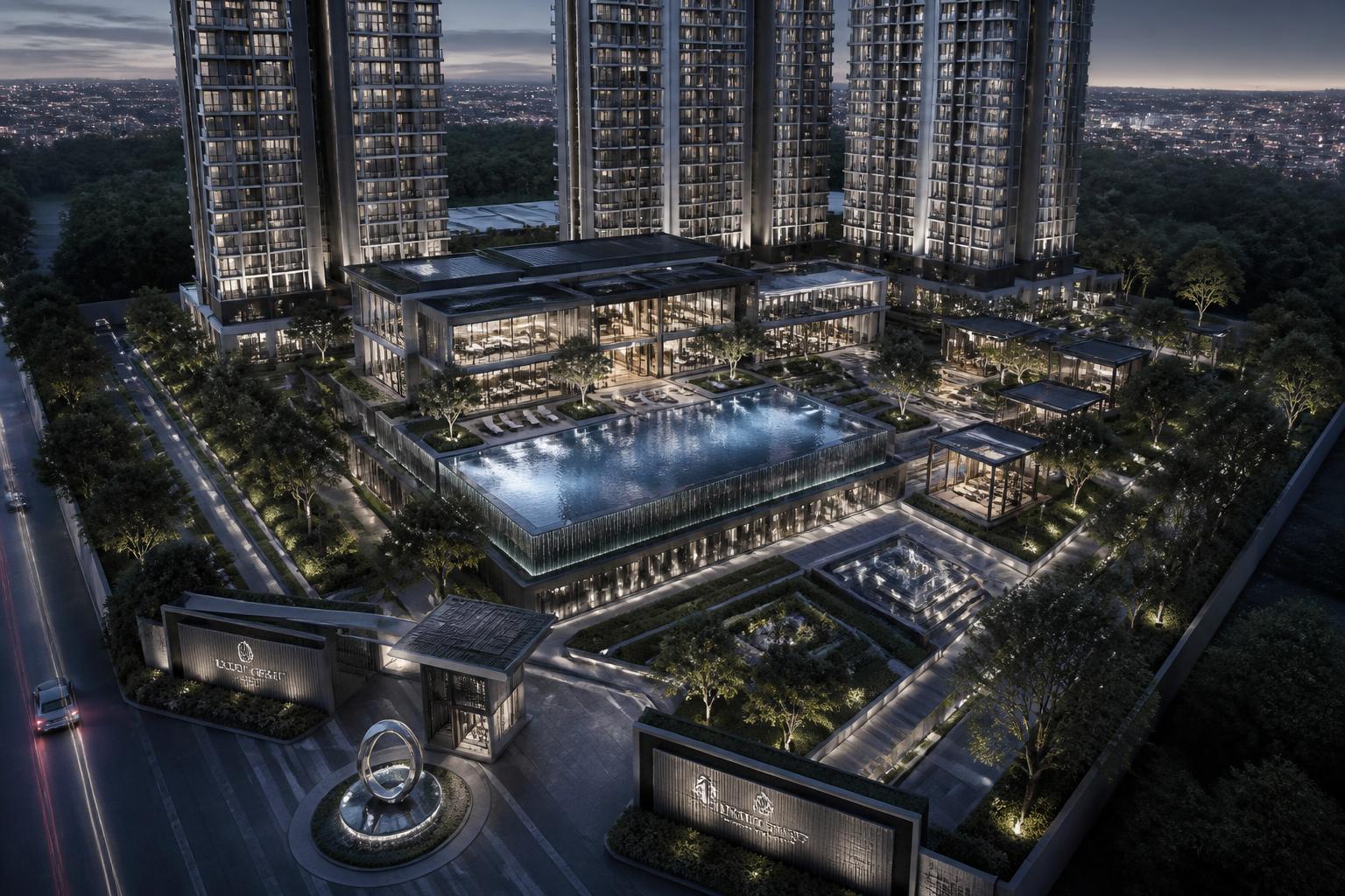 Aerial view of clubhouse and infinity pool